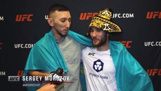 Sergey Morozov reacts with UFC.com after his unanimous decision victory over bantamweight Khalid Taha at UFC Fight Night: Makhachev vs Moises on July 17, 2021.