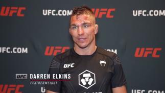 Darren Elkins reacts with UFC.com after his TKO victory over featherweight Darrick Minner at UFC Fight Night: Sandhagen vs Dillashaw on July 24 2021.