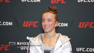 Maycee Barber reacts with UFC.com after her split decision victory over flyweight Miranda Maverick at UFC Fight Night: Sandhagen vs Dillashaw on July 24 2021.