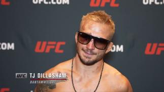TJ Dillashaw reacts with UFC.com after his split decision victory over bantamweight Cory Sandhagen at UFC Fight Night: Sandhagen vs Dillashaw on July 24 2021.