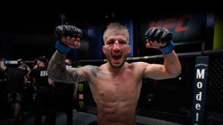 Dillashaw reacts after his split-decision victory over Corey Sandhagen in their bantamweight fight during the UFC Fight Night event at UFC APEX on July 24, 2021 in Las Vegas, Nevada. (Photo by Jeff Bottari/Zuffa LLC)