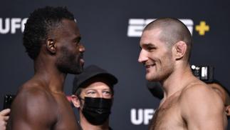 Uriah Hall of Jamaica and Sean Strickland face off during the UFC Fight Night weigh-in at UFC APEX on July 30, 2021 in Las Vegas, Nevada. (Photo by Chris Unger/Zuffa LLC)
