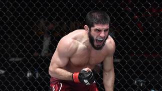Islam Makhachev reacts after his submission victory over Drew Dober in their lightweight fight during the UFC 259 event at UFC APEX on March 06, 2021 in Las Vegas, Nevada. (Photo by Jeff Bottari/Zuffa LLC)