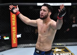 Nassourdine Imavov of Russia reacts after his victory over Ian Heinisch in their middleweight fight during the UFC Fight Night event at UFC APEX on July 24 2021 in Las Vegas Nevada. (Photo by Jeff Bottari/Zuffa LLC)