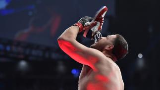 Tai Tuivasa of Australia reacts after knocking out Greg Hardy in their heavyweight fight during the UFC 264 event at T-Mobile Arena on July 10, 2021 in Las Vegas, Nevada. (Photo by Chris Unger/Zuffa LLC)