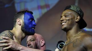 Paul Craig of Scotland and Jamahal Hill face off during the UFC 263 ceremonial weigh-in at Gila River Arena on June 11, 2021 in Glendale, Arizona. (Photo by Mike Roach/Zuffa LLC)