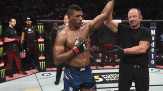 Alonzo Menifield reacts after defeating Ed Herman in their light heavyweight bout during the UFC 265 event at Toyota Center on August 07 2021 in Houston Texas. (Photo by Josh Hedges/Zuffa LLC)