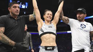 Melissa Gatto of Brazil reacts after defeating Victoria Leonardo in their women's flyweight bout during the UFC 265 event at Toyota Center on August 07 2021 in Houston Texas. (Photo by Josh Hedges/Zuffa LLC)