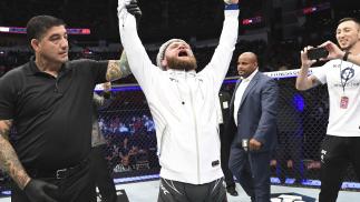 Rafael Fiziev of Kyrgyzstan reacts after defeating Bobby Green in their lightweight bout during the UFC 265 event at Toyota Center on August 07 2021 in Houston Texas. (Photo by Josh Hedges/Zuffa LLC)