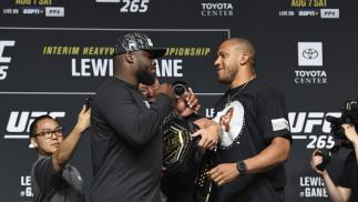 Derrick Lewis and Ciryl Gane of France face off during the UFC 265 press conference at at Toyota Center on August 05, 2021 in Houston, Texas. (Photo by Josh Hedges/Zuffa LLC)