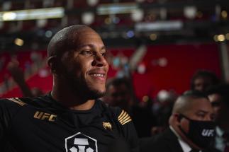 Ciryl Gane of France reacts after defeating Derrick Lewis in their interim heavyweight title bout during the UFC 265 event at Toyota Center on August 07, 2021 in Houston, Texas. (Photo by Cooper Neill/Zuffa LLC)