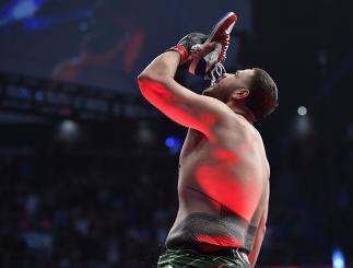 Tai Tuivasa of Australia reacts after knocking out Greg Hardy in their heavyweight fight during the UFC 264 event at T-Mobile Arena on July 10, 2021 in Las Vegas, Nevada. (Photo by Chris Unger/Zuffa LLC)