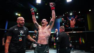 Vinc Pichel reacts after his unanimous decision victory over Austin Hubbard in their lightweight matchup at UFC Fight Night: Cannonier vs Gastelum on August 21 2021 in Las Vegas Nevada (Photo by Chris Unger/Zuffa LLC)