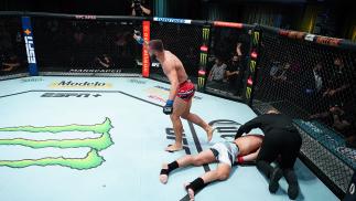 Ramiz Brahimaj reacts after his submission win via rear-naked choke over Sasha Palatnikov at UFC Fight Night: Cannonier vs Gastelum on August 21 2021 in Las Vegas Nevada. (Photo by Chris Unger/Zuffa LLC)
