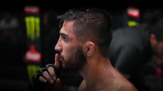 Saidyokub Kakhramonov of Uzbekistan reacts after his submission victory over Trevin Jones of Guam in a bantamweight fight during the UFC Fight Night event at UFC APEX on August 21, 2021 in Las Vegas, Nevada. (Photo by Chris Unger/Zuffa LLC)