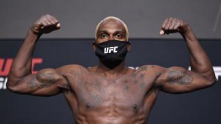 Derek Brunson poses on the scale during the UFC weigh-in at UFC APEX on March 19, 2021 in Las Vegas, Nevada. (Photo by Chris Unger/Zuffa LLC