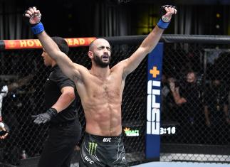 Giga Chikadze of Georgia reacts after his knockout victory over Edson Barboza of Brazil in a featherweight fight during the UFC Fight Night event at UFC APEX on August 28 2021 in Las Vegas Nevada. (Photo by Chris Unger/Zuffa LLC)
