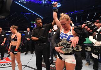Holly Holm of the United States celebrates after her knockout victory over Ronda Rousey of the United States in their UFC women's bantamweight championship bout during the UFC 193 event at Etihad Stadium on November 15, 2015 in Melbourne, Australia. (Photo by Josh Hedges/Zuffa LLC)