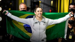 Norma Dumont of Brazil prepares to fight Aspen Ladd in a featherweight fight during the UFC Fight Night event at UFC APEX on October 16, 2021 in Las Vegas, Nevada. (Photo by Chris Unger/Zuffa LLC)