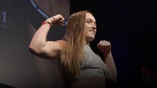 Aspen Ladd poses on the scale during the UFC Fight Night weigh-ins at Golden 1 Center on July 12, 2019 in Sacramento, California. (Photo by Mike Roach/Zuffa LLC/Zuffa LLC via Getty Images)