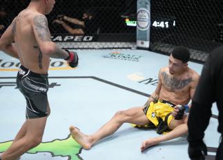 Jeff Molina drops Daniel Da Silva of Brazil in a flyweight fight during the UFC Fight Night event at UFC APEX on October 23 2021 in Las Vegas Nevada. (Photo by Jeff Bottari/Zuffa LLC)