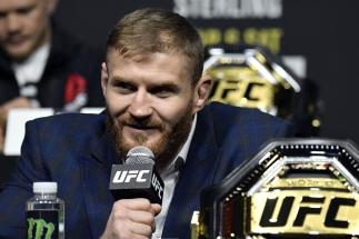 Jan Blachowicz of Poland interacts with media during the UFC 259 press conference at UFC APEX on March 04, 2021 in Las Vegas, Nevada. (Photo by Jeff Bottari/Zuffa LLC)