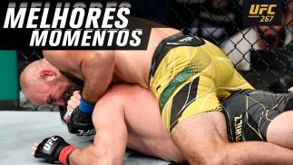 Arte de melhores momentos com foto da finalização de Glover Teixeira sobre Jan Blachowicz no UFC 267