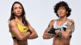 Colagem de fotos de Amanda Ribas e Virna Jandiroba de uniforme do UFC e braços cruzados