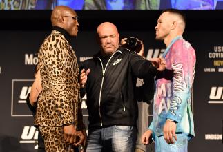 Kamaru Usman of Nigeria and Colby Covington face off during the UFC 268 press conference at The Hulu Theater at Madison Square Garden on November 04 2021 in New York City. (Photo by Jeff Bottari/Zuffa LLC)