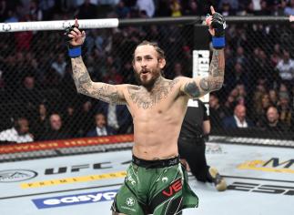 Marlon Vera of Ecuador reacts after his knockout victory over Frankie Edgar in their bantamweight fight during the UFC 268 event at Madison Square Garden on November 06 2021 in New York City. (Photo by Jeff Bottari/Zuffa LLC)