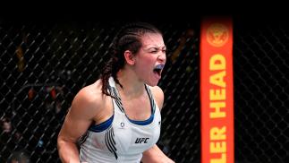 Miesha Tate reacts after her victory over Marion Reneau in their bantamweight bout during the UFC Fight Night event at UFC APEX on July 17, 2021 in Las Vegas, Nevada. (Photo by Jeff Bottari/Zuffa LLC)