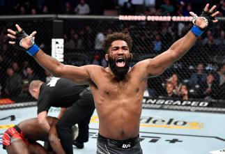 Chris Curtis reacts after his TKO victory over Phil Hawes in their middleweight fight during the UFC 268 event at Madison Square Garden on November 06, 2021 in New York City. (Photo by Jeff Bottari/Zuffa LLC)
