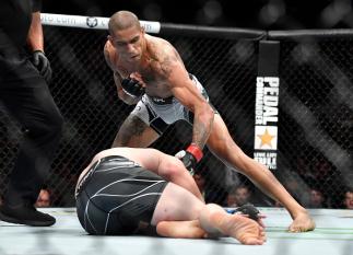 Alex Pereira of Brazil punches Andreas Michailidis of Greece in their middleweight fight during the UFC 268 event at Madison Square Garden on November 06, 2021 in New York City. (Photo by Chris Unger/Zuffa LLC)