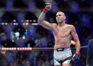 Alex Pereira of Brazil reacts after his knockout victory over Andreas Michailidis of Greece in their middleweight fight during the UFC 268 event at Madison Square Garden on November 06 2021 in New York City. (Photo by Chris Unger/Zuffa LLC)