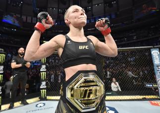 Rose Namajunas reacts after her split-decision victory over Zhang Weili of China in their UFC strawweight championship fight during the UFC 268 event at Madison Square Garden on November 06 2021 in New York City. (Photo by Jeff Bottari/Zuffa LLC)