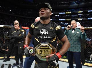 Kamaru Usman of Nigeria reacts after his unanimous-decision victory over Colby Covington in their UFC welterweight championship fight during the UFC 268 event at Madison Square Garden on November 06 2021 in New York City. (Photo by Jeff Bottari/Zuffa LLC)
