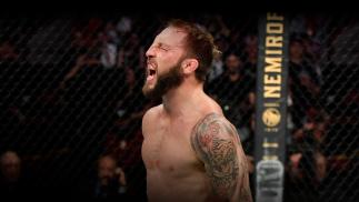 Brad Riddell of New Zealand reacts after the conclusion of his lightweight fight against Drew Dober during the UFC 263 event at Gila River Arena on June 12, 2021 in Glendale, Arizona. (Photo by Jeff Bottari/Zuffa LLC)