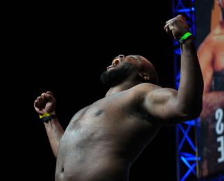 Derrick Lewis poses on the scale during the UFC 265 ceremonial weigh-in at Toyota Center on August 06, 2021 in Houston, Texas. (Photo by Mike Roach/Zuffa LLC)