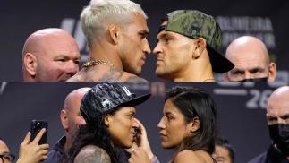 Colagem de fotos das encaradas entre Charles Oliveira e Dustin Poirier, e Amanda Nunes e Julianna Peña