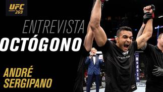 Foto de André Muniz comemorando com os braços erguidos no UFC 269 e o texto Entrevista Octógono André Sergipano