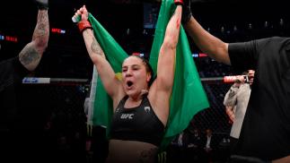 Jennifer Maia of Brazil reacts after her victory over Jessica Eye in their flyweight fight during the UFC 264 event at T-Mobile Arena on July 10, 2021 in Las Vegas, Nevada. (Photo by Jeff Bottari/Zuffa LLC)