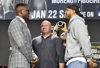 Francis Ngannou of Cameroon and Ciryl Gane of France face off during the UFC 270 press conference at the Anaheim Convention Center on January 20, 2022 in Anaheim, California. (Photo by Chris Unger/Zuffa LLC)