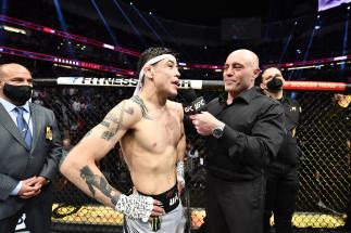 UFC Flyweight Brandon Moreno Reacts With Joe Rogan After His Unanimous Decision Loss To Deiveson Figueiredo For The UFC Flyweight Title At UFC 270: Ngannou vs Gane On January 22, 2022. (Photo by Chris Unger/Zuffa LLC)