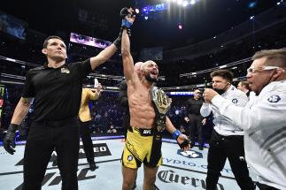 UFC Flyweight Champion Deiveson Figueiredo Reacts With Joe Rogan After His Unanimous Decision Victory Over Brandon Moreno At UFC 270: Ngannou vs Gane On January 22, 2022 In Anaheim. (Photo by Chris Unger/Zuffa LLC)