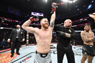 UFC Lightweight Matt Frevola Reacts With Joe Rogan After His TKO Victory Over Genaro Valdez At 3:15 Of Round 1 At UFC 270: Ngannou vs Gane On January 22, 2022 In Anaheim, California. (Photo by Chris Unger/Zuffa LLC)