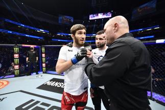 UFC Bantamweight Said Nurmagomedov Reacts With Joe Rogan After His First-Round TKO Victory Over Cody Stamann At UFC 270: Ngannou vs Gane On January 22, 2022 In Anaheim. (Photo by Chris Unger/Zuffa LLC)