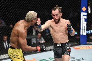 UFC Bantamweight Victor Henry Reacts With Joe Rogan After His Unanimous Decision Debut Victory Over Raoni Barcleos At UFC 270: Ngannou vs Gane On January 22, 2022 In Anaheim. (Photo by Chris Unger/Zuffa LLC)