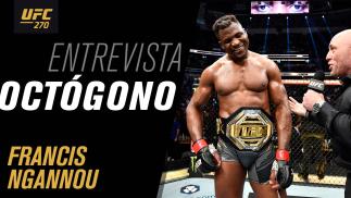 Cartela com o texto Entrevista Octógono Francis Ngannou e foto do atleta