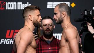 Encarada entre Calvin Kattar e Giga Chikadze na pesagem do UFC Vegas 46