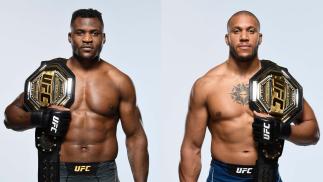 Colagem com as fotos de Francis Ngannou e Ciryl Gane, ambos com o cinturão no ombro